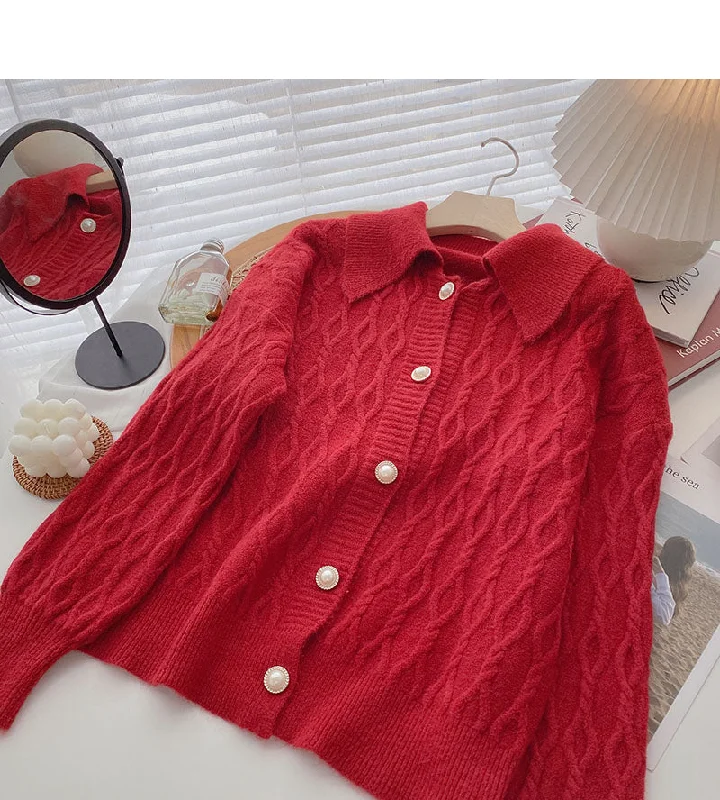 Pearl button vintage twist sweater cardigan coat  5966