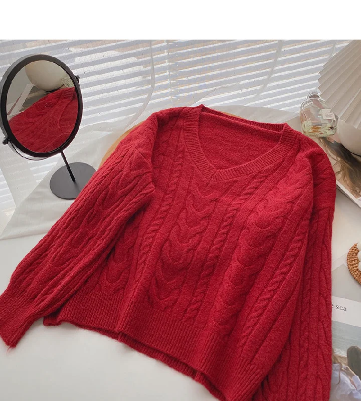 Retro western style thin V-Neck long sleeve loose twist sweater  5959