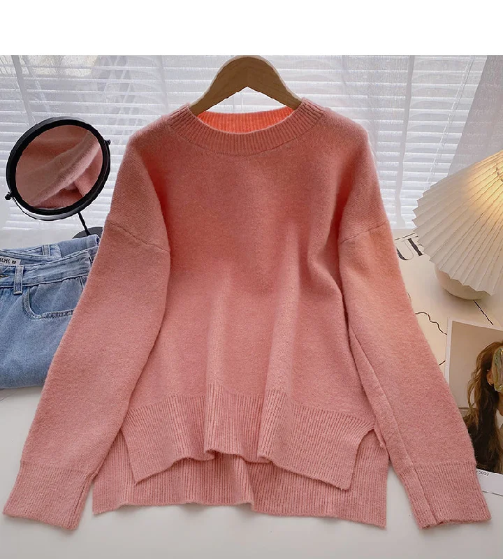 The new Korean style is simple, casual, loose, split long sleeved top  5949