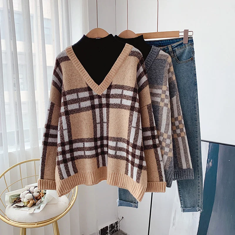 Vintage Plaid half high neck sweater  5033