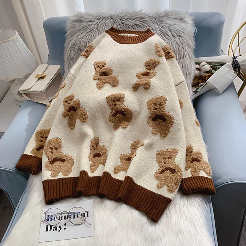 Wear a gentle Japanese lazy coat outside the little bear sweater  5025