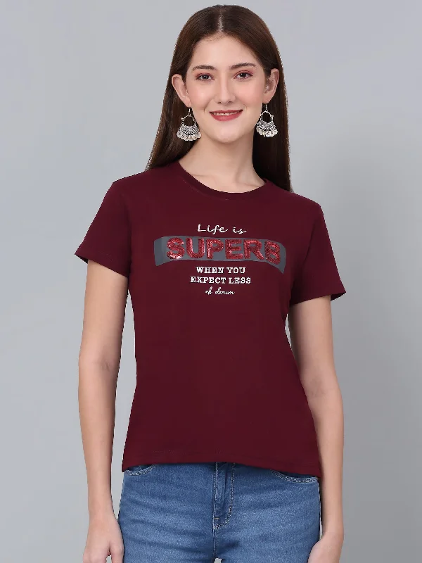 Women's Maroon Printed Short Sleeve T-shirt