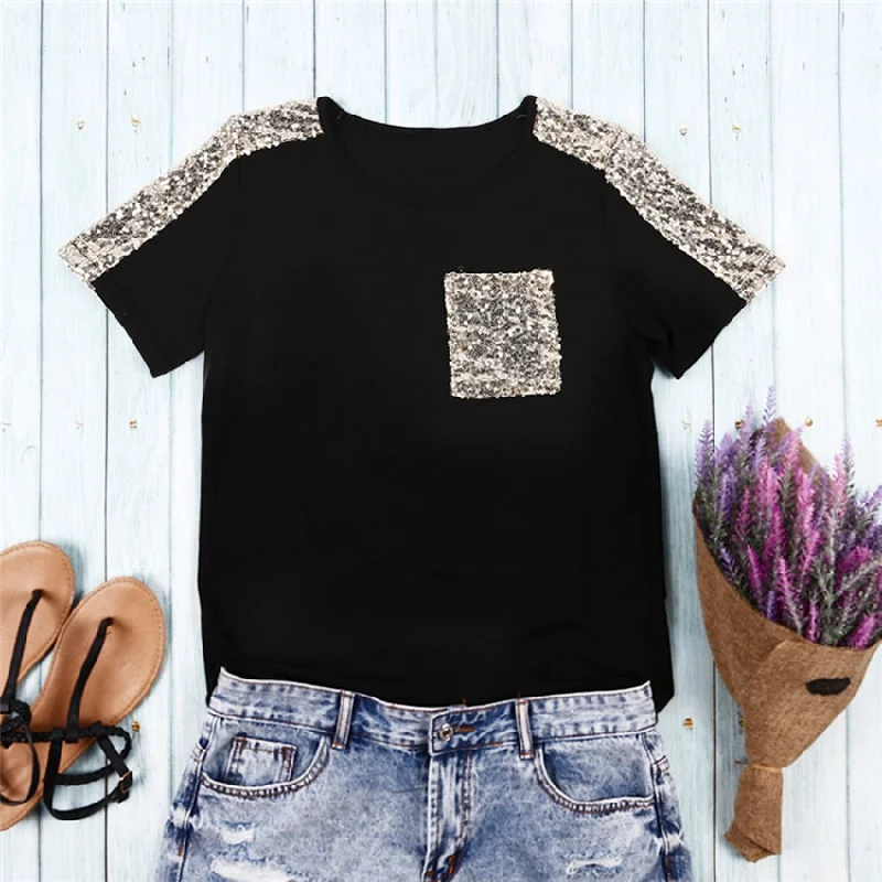 Sequined T Shirt Womens Pocket Tee Shirts Tops Mujer Fashion Black T-shirt Women Short Sleeve Tee Summer Female Top