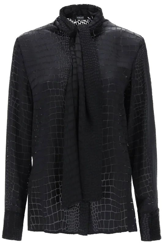 Versace Women's Crocodile Effect Tie-Neck Shirt