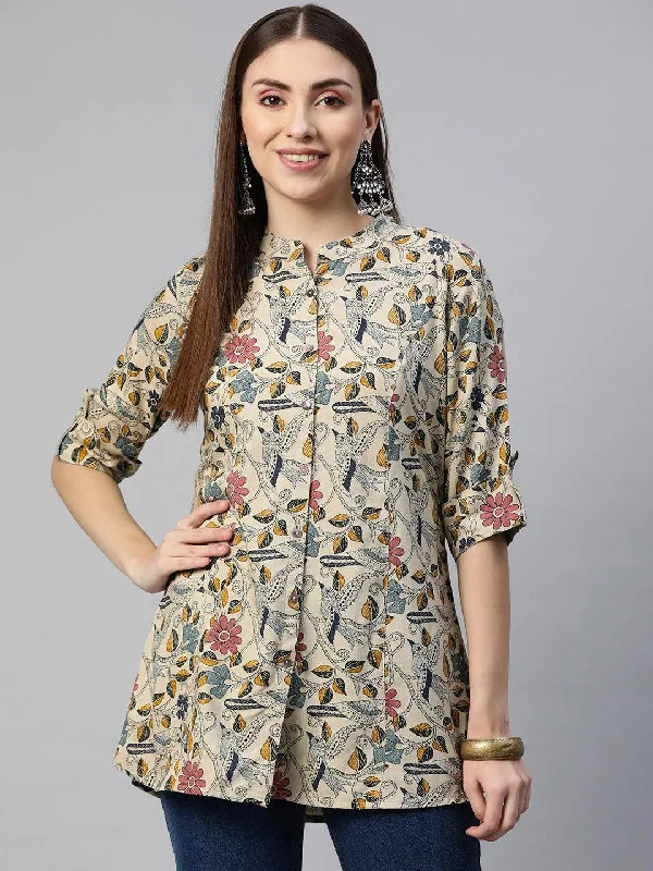 Beige Multi Floral Rayon A-line Shirts Style Top