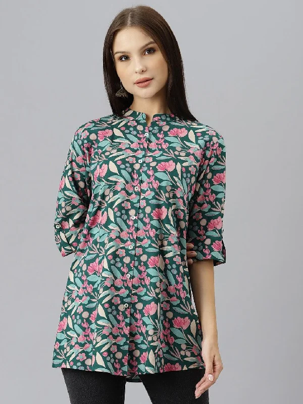 Dark Green Floral Rayon A-line Shirts Style Top