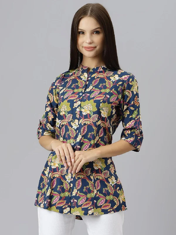 Navy Blue Floral Rayon A-line Shirts Style Top