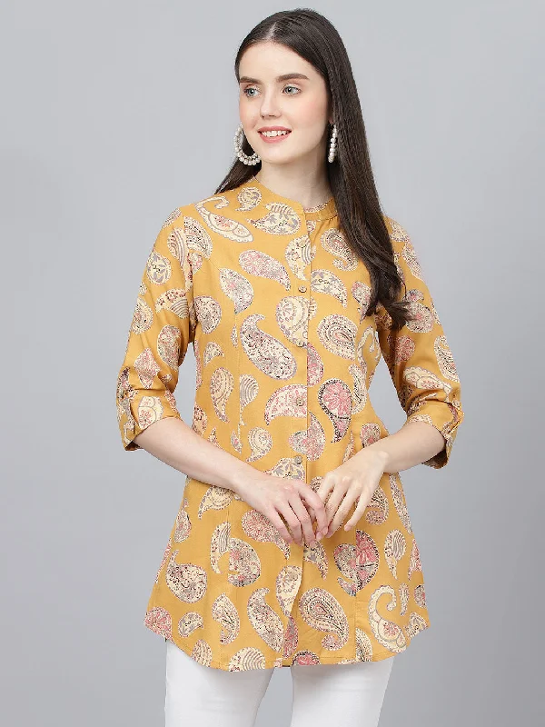 Mastard Yellow Print Mandarin Collar Roll-Up Sleeves Shirt Style Top