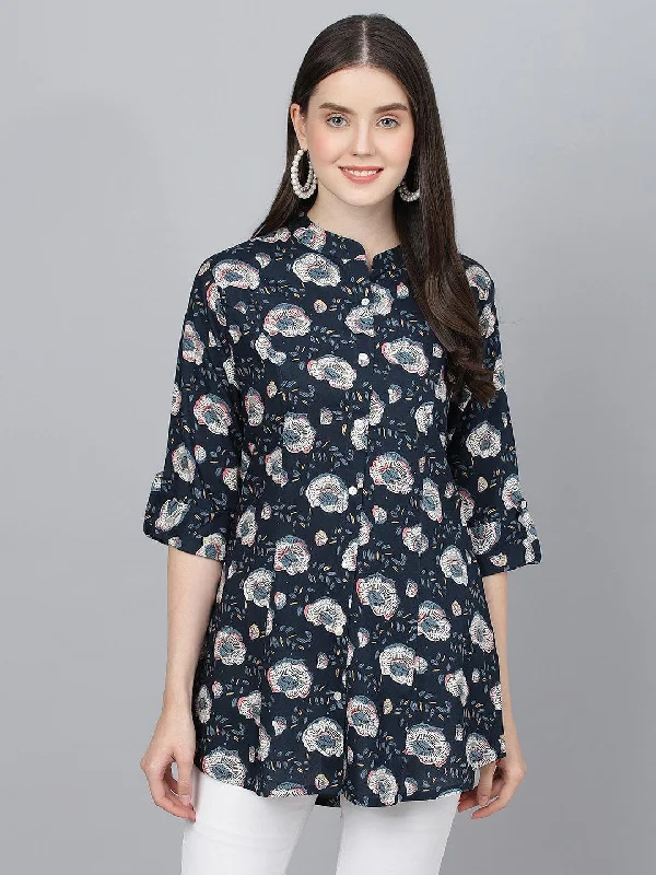 Blue Floral printed Rayon A-line Shirts Style Top