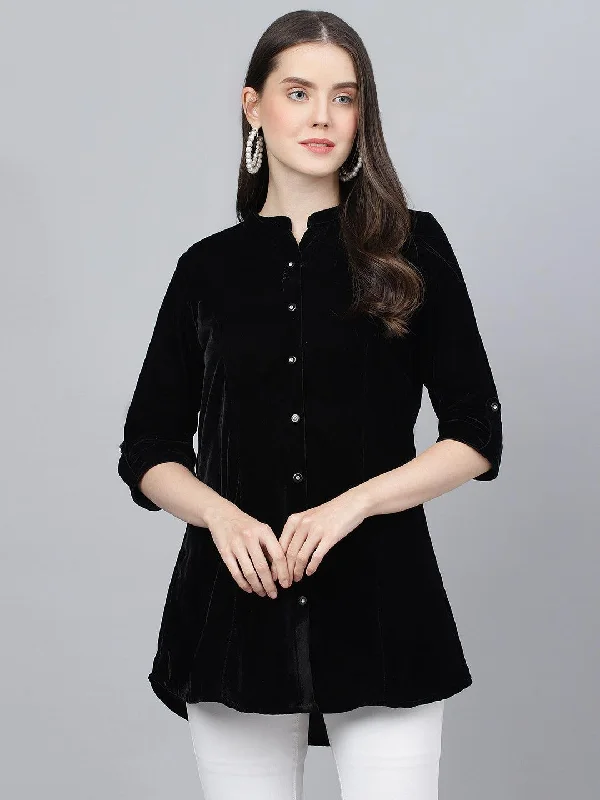 Black Solid Velvet A-line Shirts Style Top