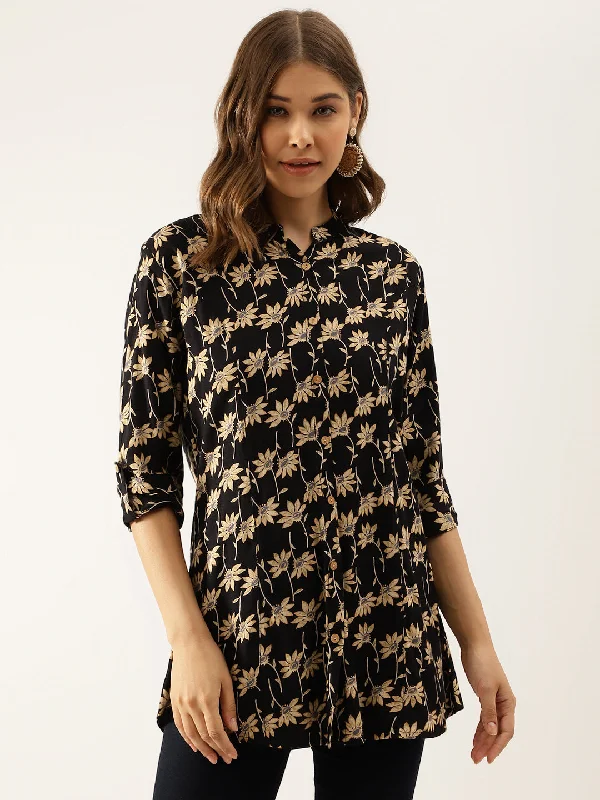 Black Floral Printed Rayon Shirt type Top for Women