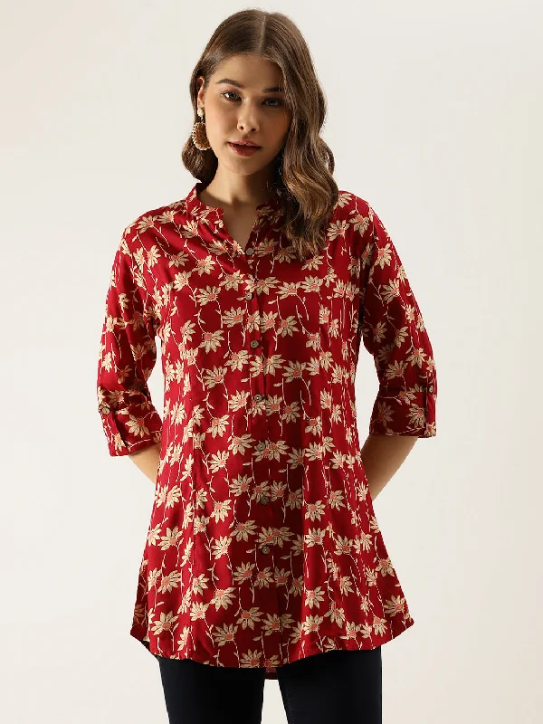 Maroon Floral Printed Rayon Shirt type Top for Women