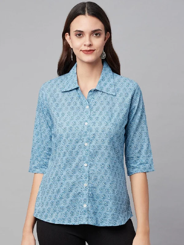 Sky Blue Block Printed Casual Women Shirts