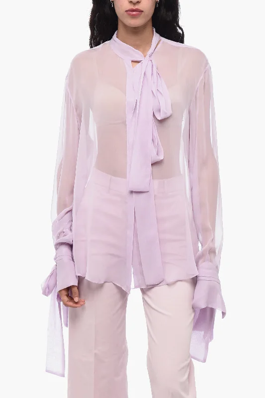 LaQuan Smith Silk Chiffon Tie Neck Shirt with Knotted Cuffs