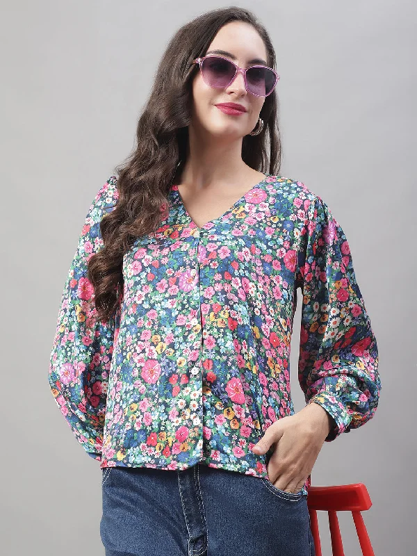 Women Blue Printed Shirt Style Top