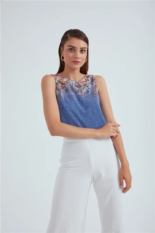 Crew Neck Ambre Floral Printed Georgette Top - Blue