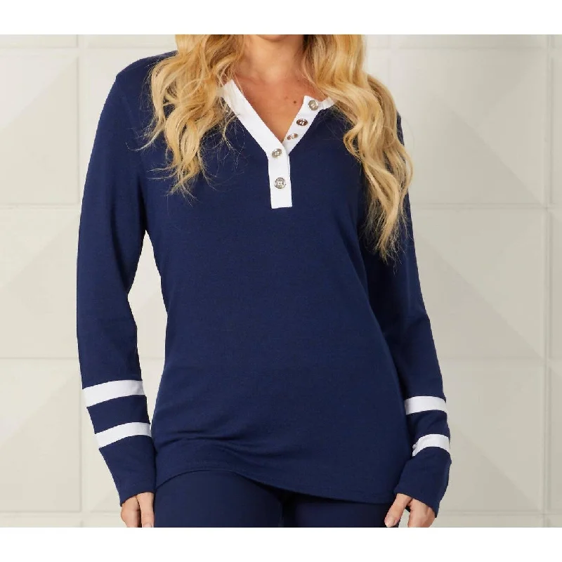 French Kyss - Button Crew Neck With Stripe Sleeves Top