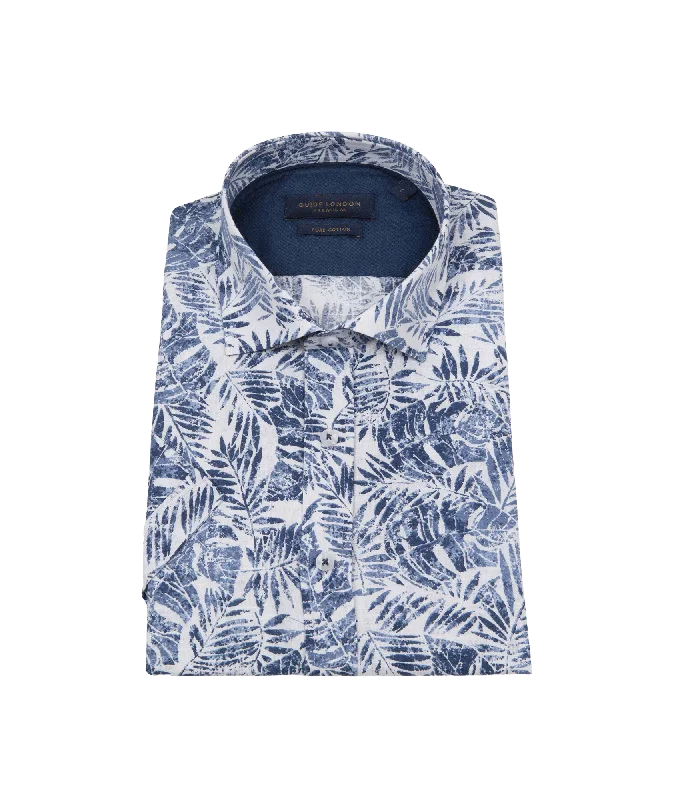 Soft Leaf Print Short Sleeve Shirt - Navy