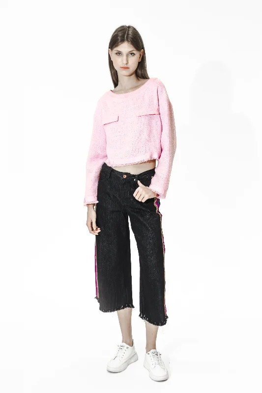 SOFT PINK/BLACK DOUBLE-FLAP CREW NECK TOP