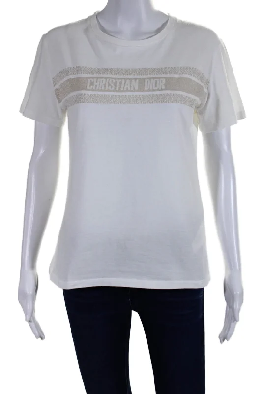 Christian Dior Womens Cotton White Gold Graphic Print Crew Neck Tee Top