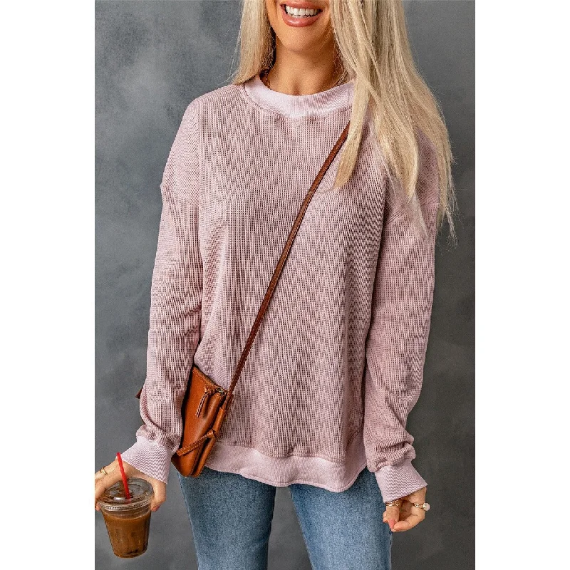 Isabelle Crew Neck Ribbed Trim Waffle Knit Top