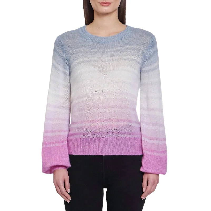 Puff Sleeve Gradient Stripe Crew Top In Pastel Combo