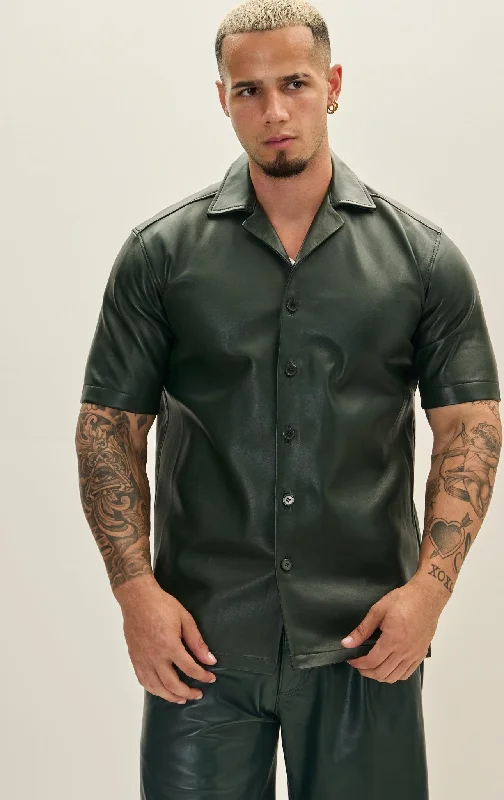 Short Sleeve Leather Shirt Jacket - Green