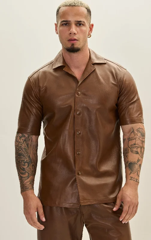 Short Sleeve Leather Shirt Jacket - Brown