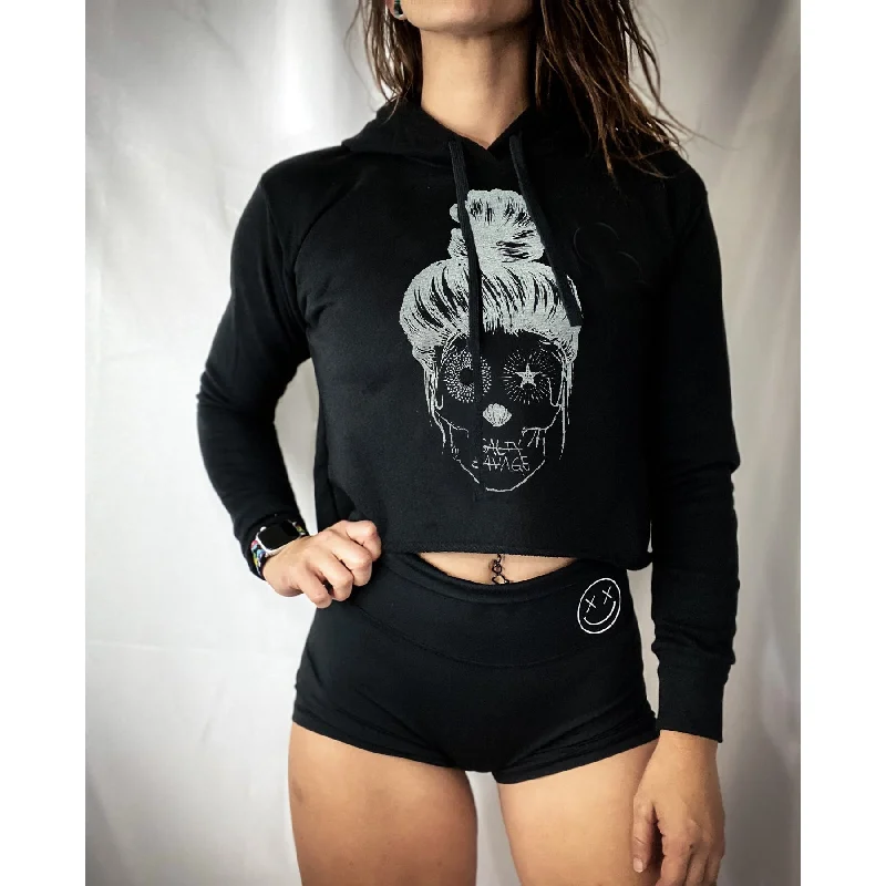 Salty Savage Ladies “Messy Bun Skull” Cropped Hoodie | Black