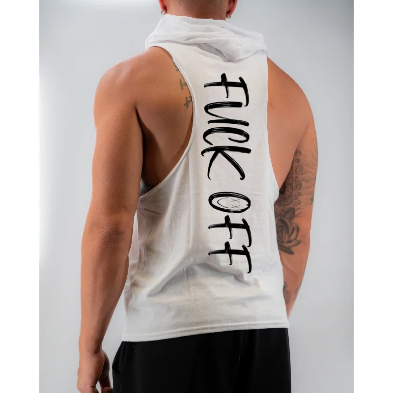 Salty Savage Unisex “FUCK OFF” Sleeveless Muscle Tank Hoodie | White