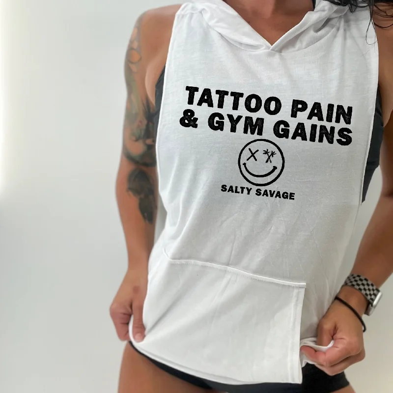 Salty Savage Unisex "TATTOO PAIN & GYM GAINS" Sleeveless Muscle Tank Hoodie