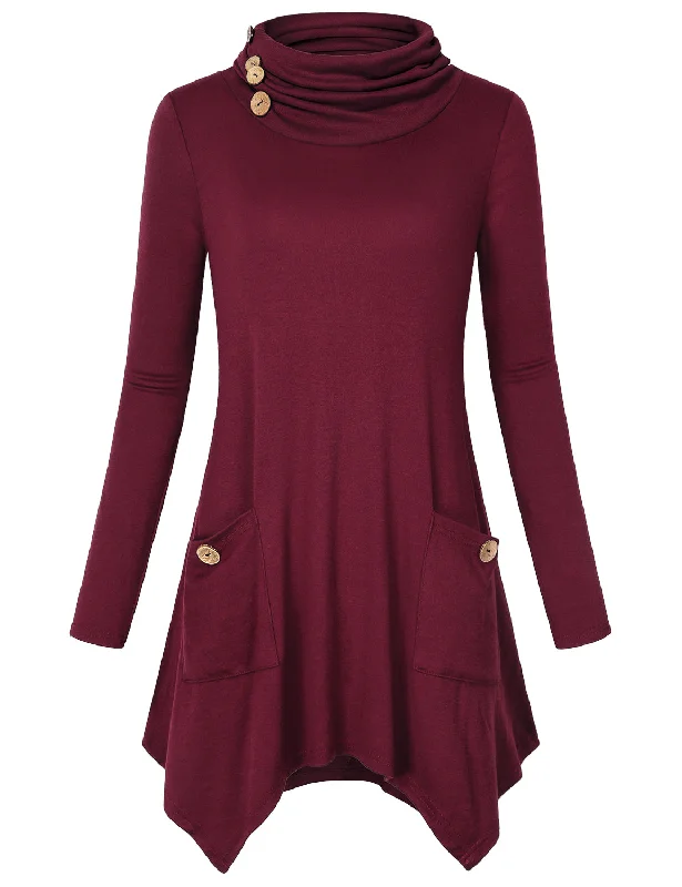 Long Sleeve Cowl Neck Asymmetric Hem Tunic Tops with Pockets