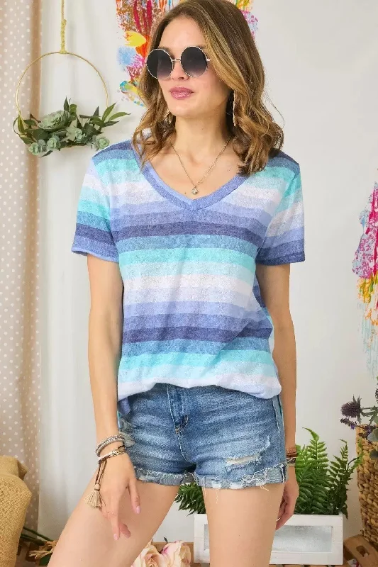 Adora Blue Multi Color Ombre Stripe Short Sleeve Top