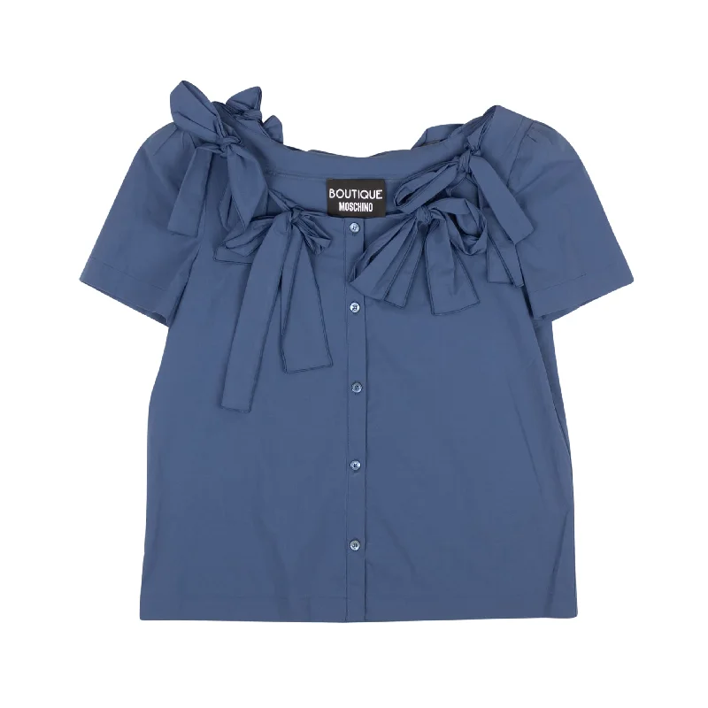 BOUTIQUE MOSCHINO Blue Bow Accented Short Sleeve Blouse