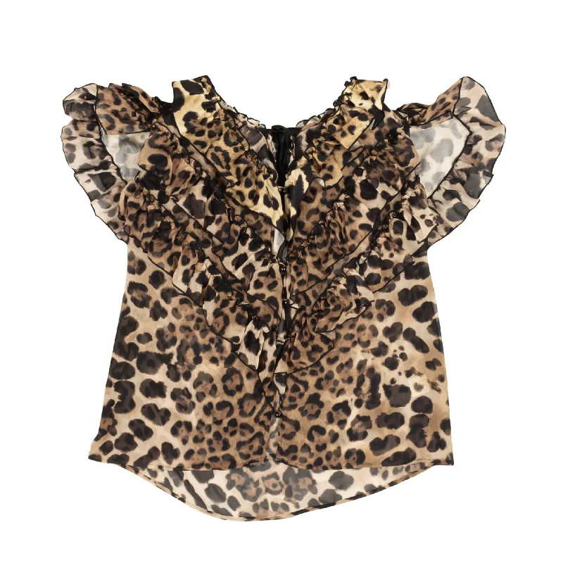 RODARTE Brown Leopard Print Silk Short Sleeve Blouse