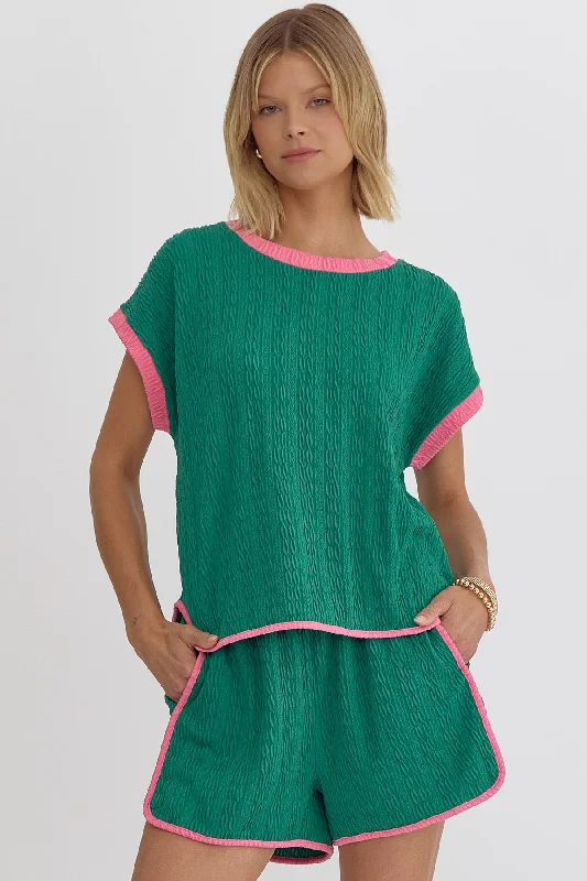 Entro Green Textured Short Sleeve Top With Pink Contrasting Trim