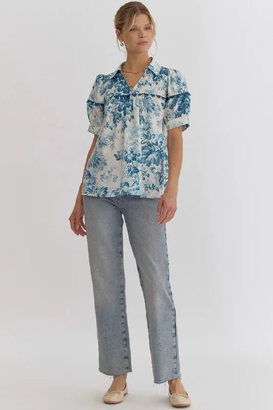 Entro Teal Floral Puff Short Sleeve Blouse With Ric-Rack Trim