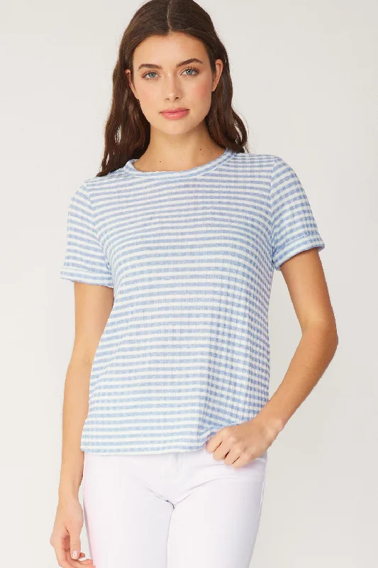 FSL Apparel Stripe Ribbed Knit Short Sleeve Top In Light Blue