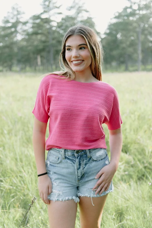 Hot Pink Knit Short Sleeve Ribbed Tee