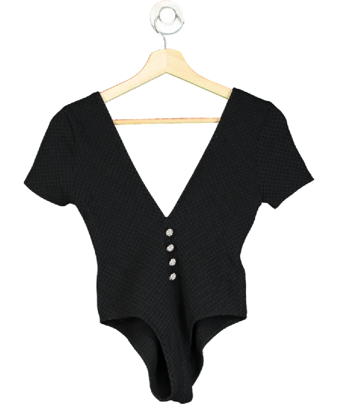 leslie amon Black Short Sleeve Textured Bodysuit With Dominate Jewels UK S