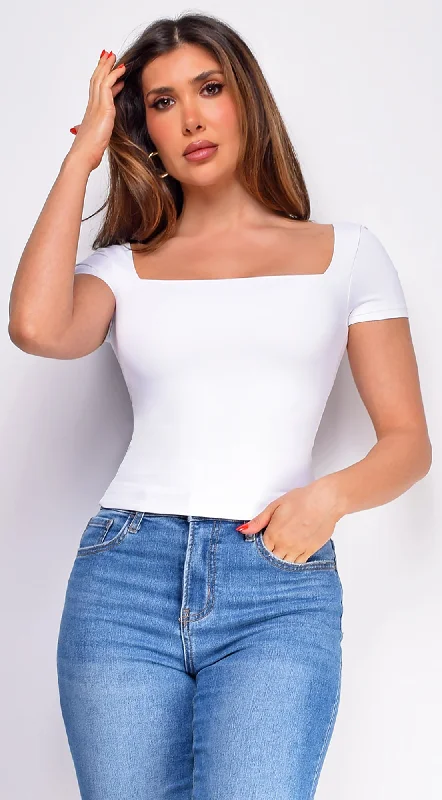 Nita White Basic Square Neck Short Sleeve Top