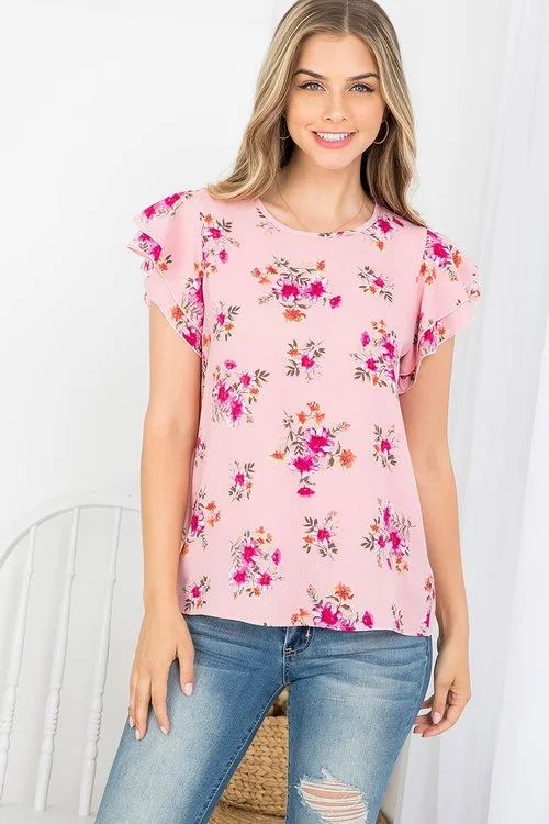 Ruffled Short Sleeve Floral Blouse