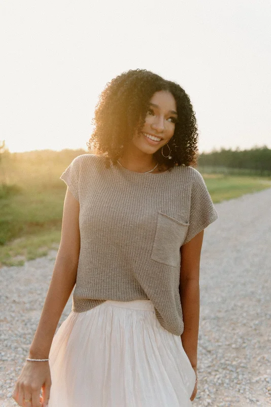 Taupe Short Sleeve Pocket Knit Top