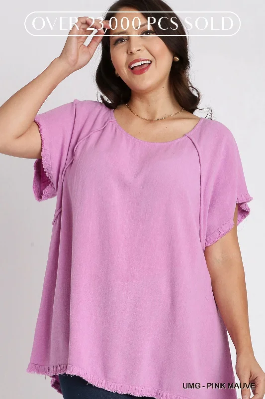 Umgee Linen Blend Short Sleeve Fringed High Low Top In Pink Mauve Plus