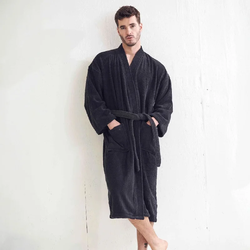 Men's Terry Cloth Bathrobe, Kimono Style, Luxury & Comfortable Terry Cotton Turkish Robe , (Black)