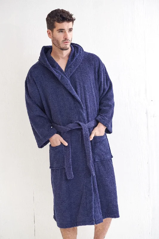 Men's Terry Cloth Hooded Bathrobe, Luxury Soft Cotton Turkish & Comfort, (Navy)