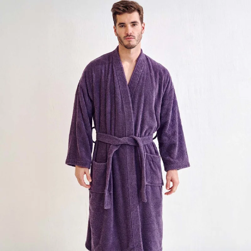 Men's Terry Cloth Bathrobe, Kimono Style, Luxury Cotton Turkish & Comfortable, (Purple)