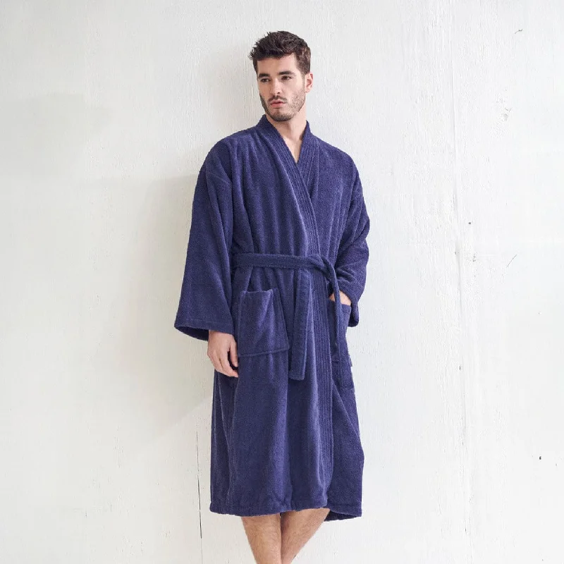 Men's Terry Cloth Bathrobe, Kimono Style, Cotton Turkish Luxury & Comfortable, (Navy)