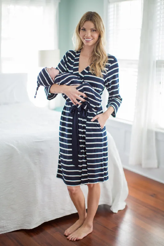 Navy Stripe Robe & Newborn Swaddle Set