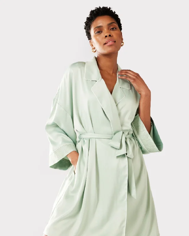 Satin Lace Trim Robe Dressing Gown - Sage